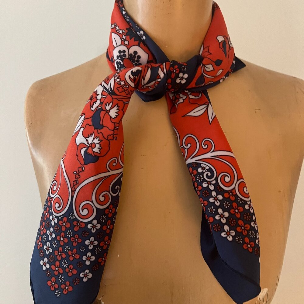 Vintage Scarf - Floral Pattern in Red White and Blue